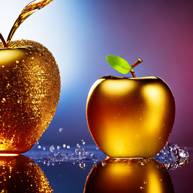 Shiny golden apples with liquid on colorful backdrop