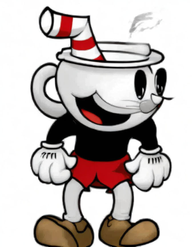 Smiling cup character with red striped straw and gloves