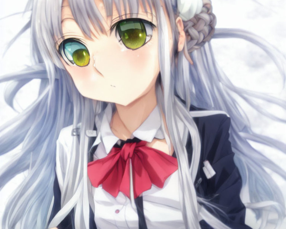 Anime girl with long silver hair and green eyes in white blouse with red bow tie.