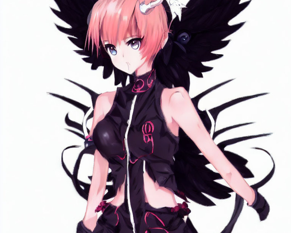 Pink-haired anime character with horns, black wings, and gothic attire