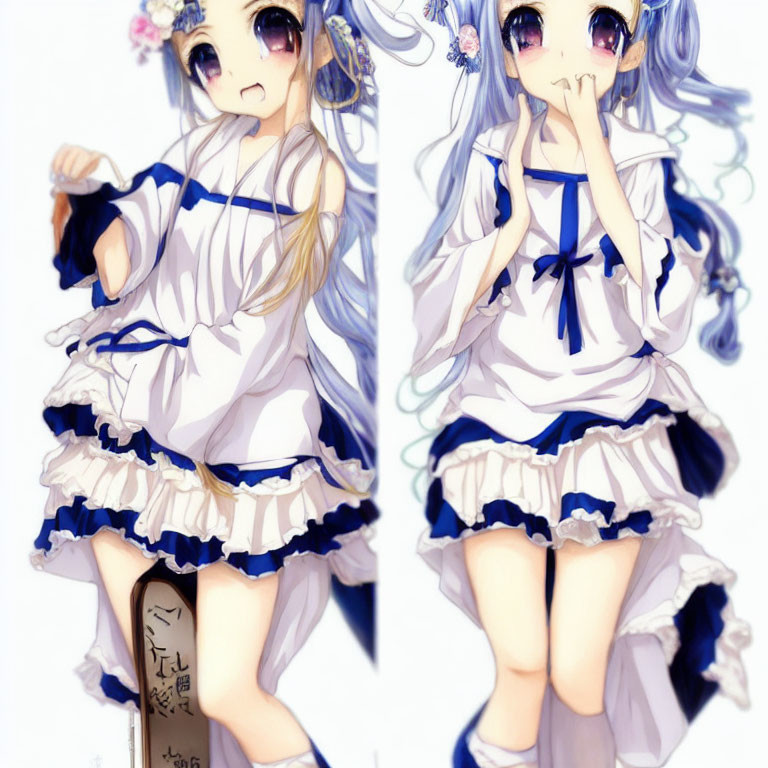 Anime Style Illustration of Girl with Blue Hair in Two Poses