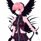 Pink-haired anime character with horns, black wings, and gothic attire