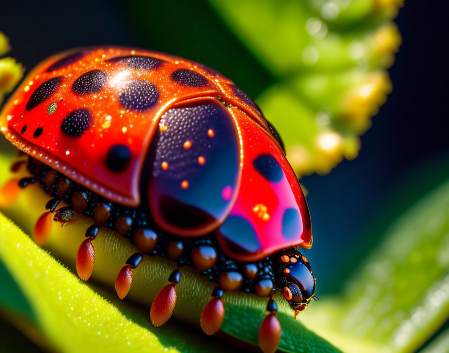 Vibrant red and black-spotted ladybug with dewdrops on green leaf edge