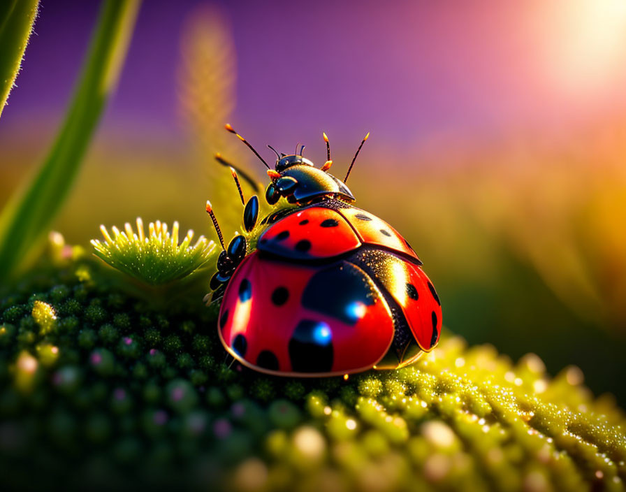 Dew-Covered Plant with Ladybug at Sunrise or Sunset