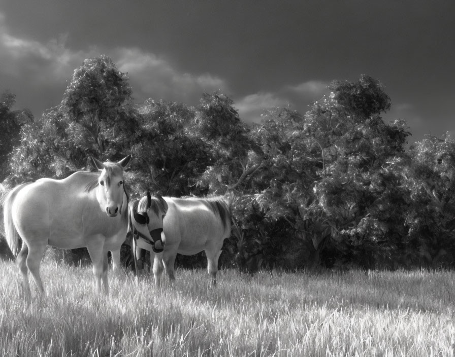 Monochrome Infrared Photo of Horses in Field