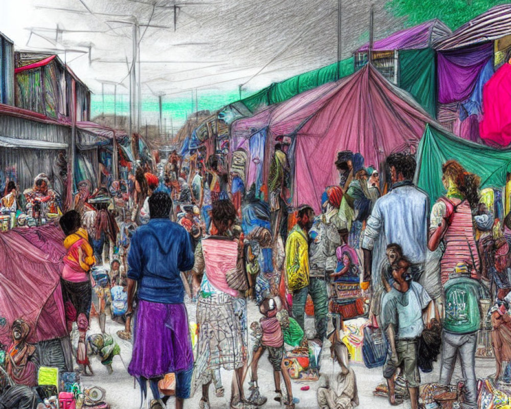 Bustling market scene with colorful stalls and diverse goods