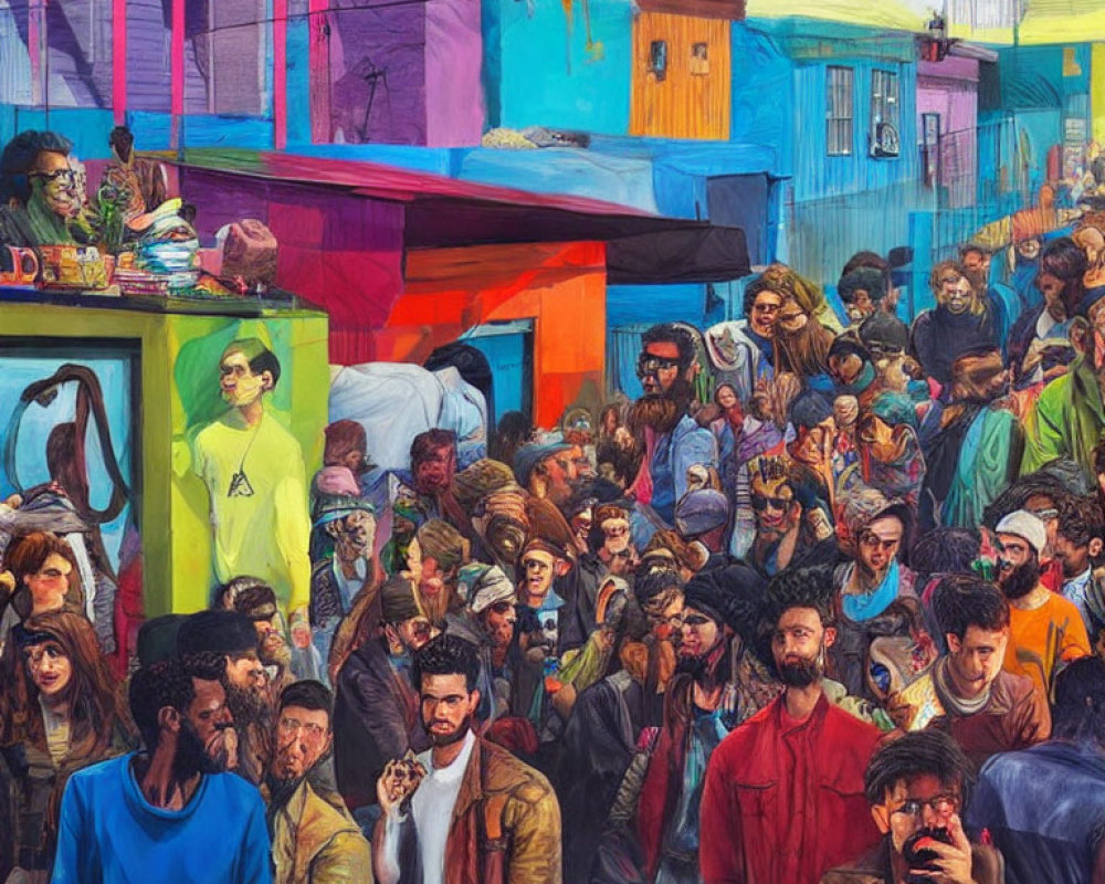 Colorful Street Scene Painting with Diverse People and Vibrant Houses