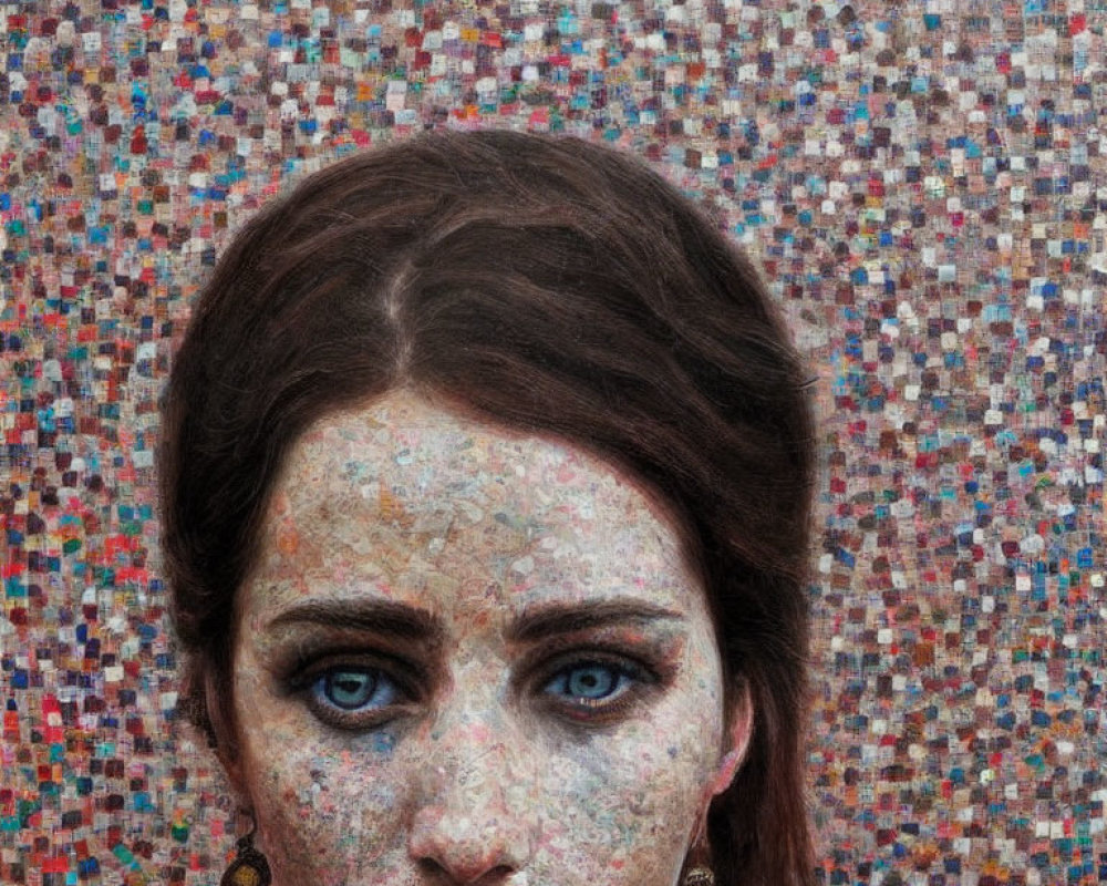 Woman with Blue Eyes and Brown Hair in Mosaic Background