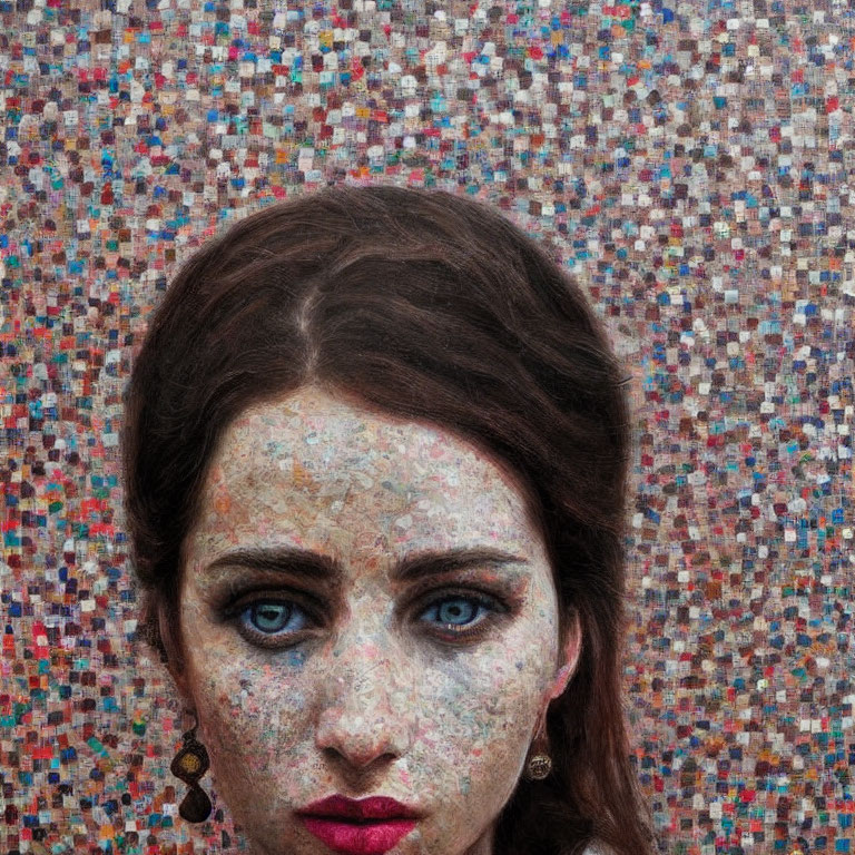 Woman with Blue Eyes and Brown Hair in Mosaic Background
