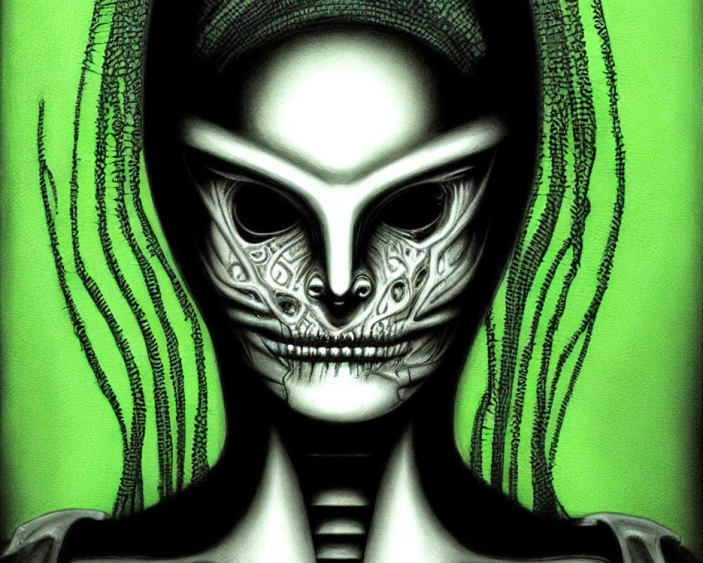 Symmetrical alien face with intricate patterns on green background