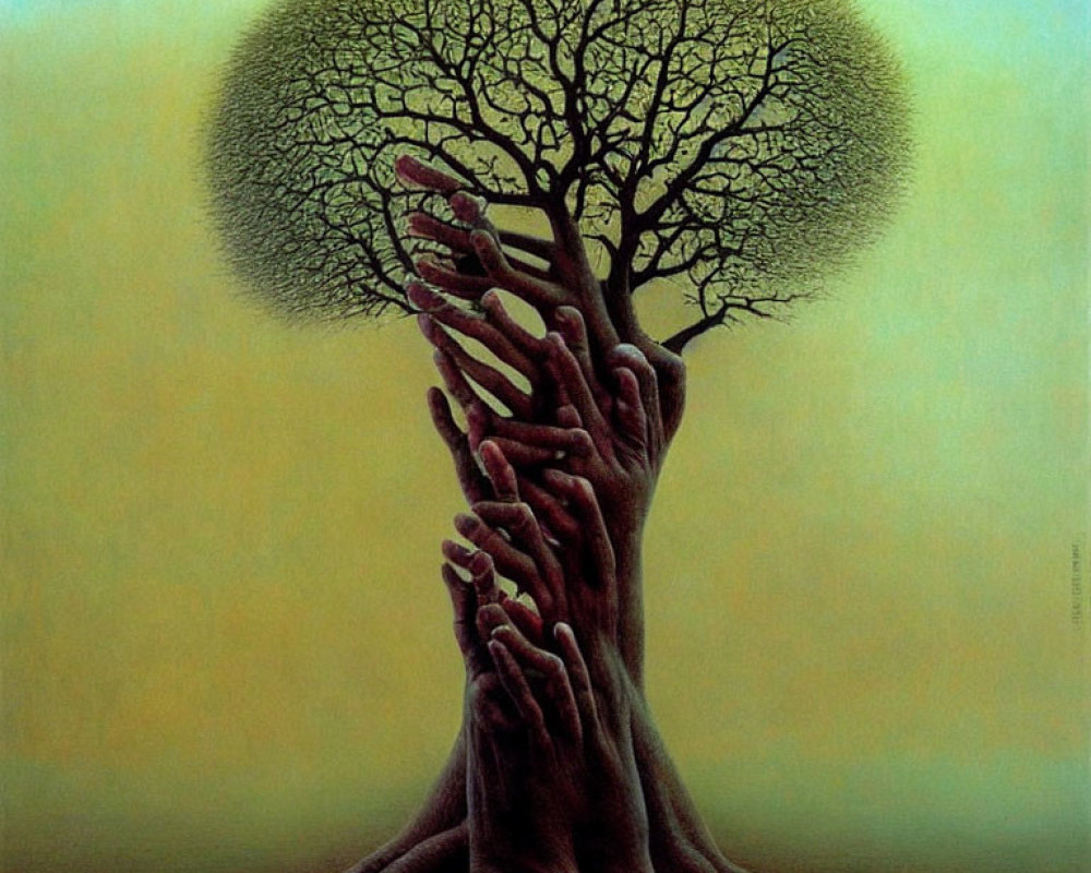 Surreal painting of tree with circular canopy and human hands