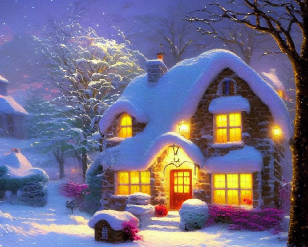 Snow-covered cottage at night with warm glowing windows