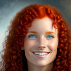 Vibrant red curly hair woman portrait with blue eyes and warm smile