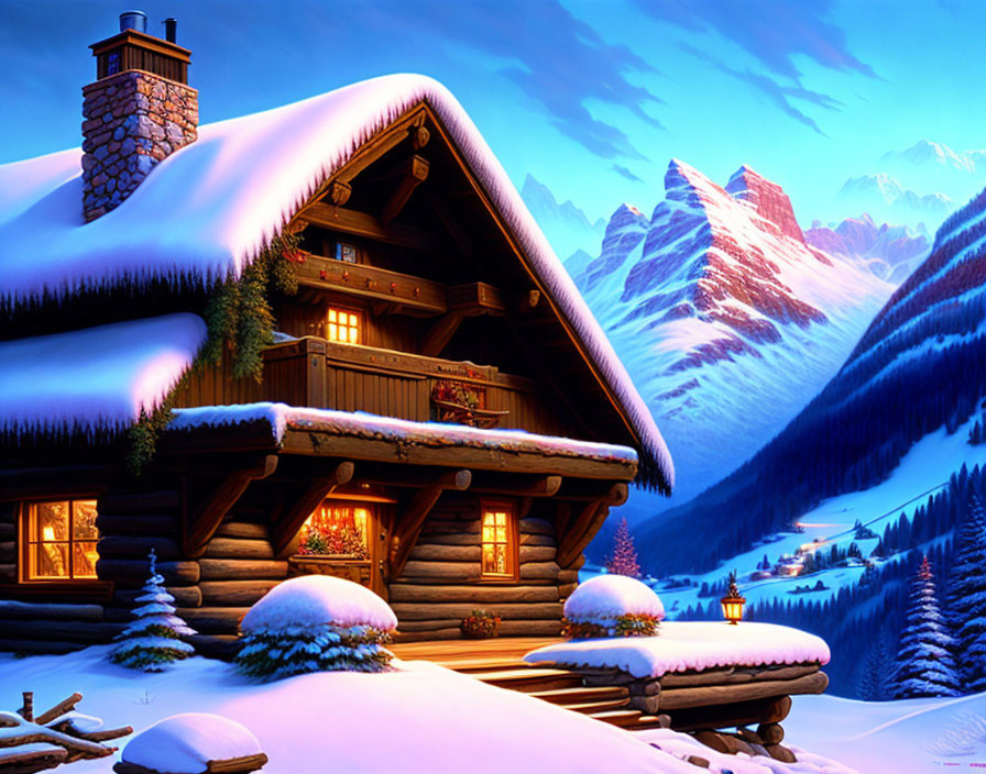 Snow-covered log cabin in mountainous winter landscape at dusk