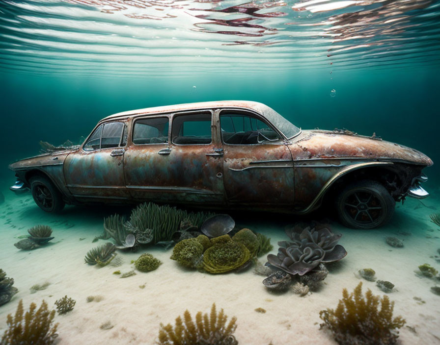 Rusty abandoned car underwater surrounded by coral and marine vegetation