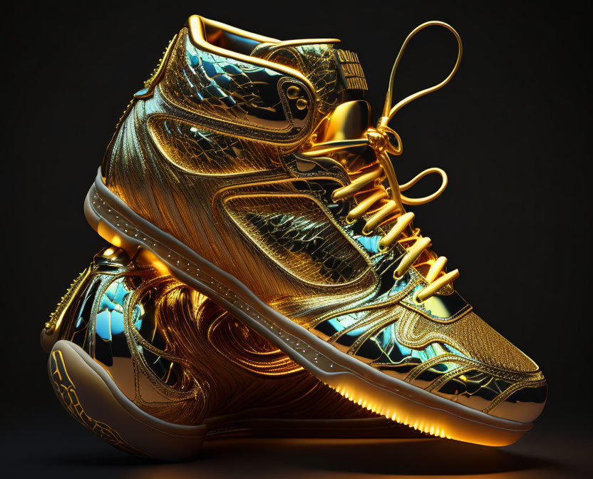 Golden futuristic sneaker with intricate patterns on dark background