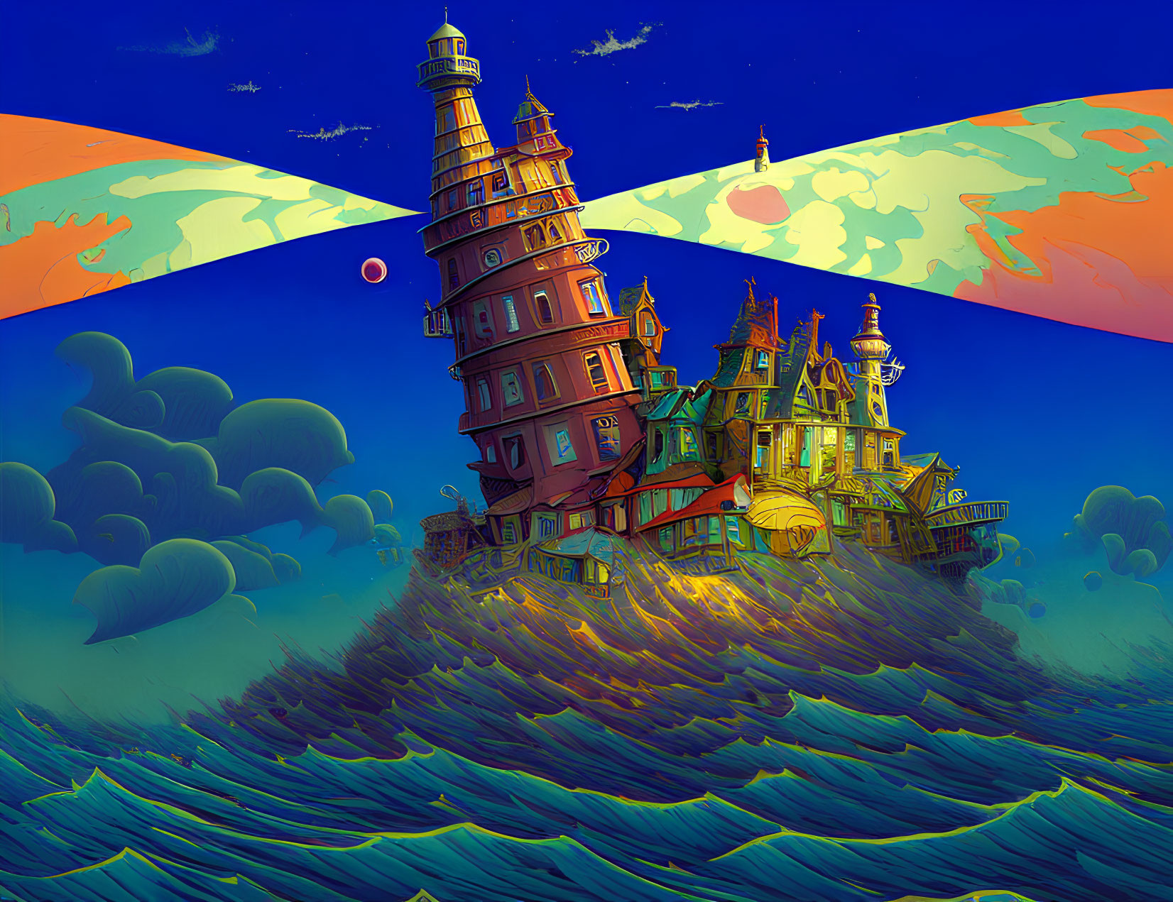 Whimsical illustration of crooked lighthouse building on ocean wave at sunset