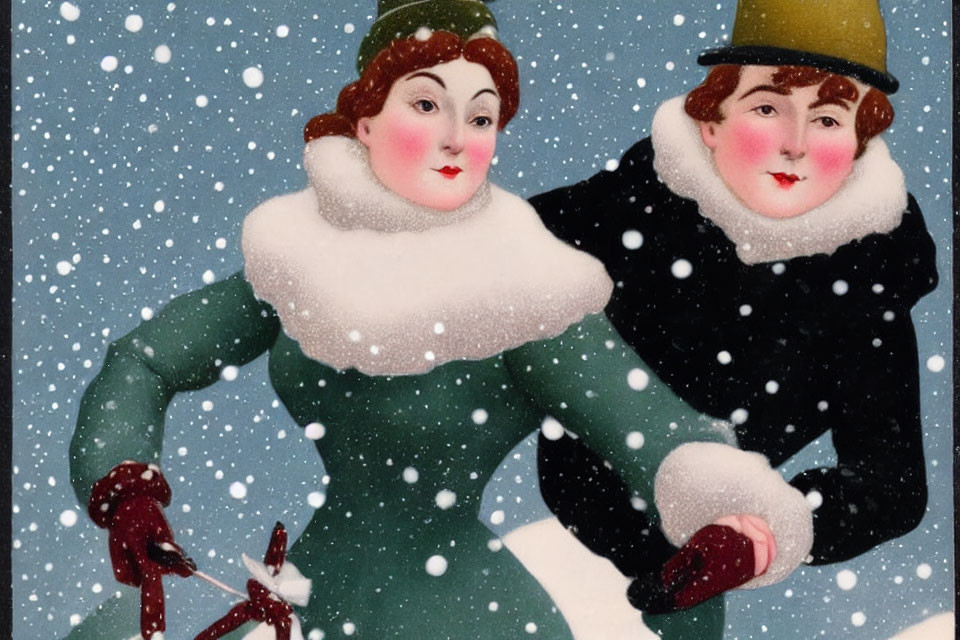 Vintage Style Illustrations of Women Ice Skating in Winter Attire
