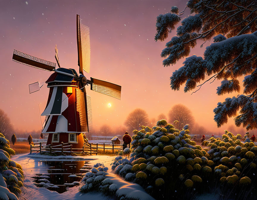 Traditional windmill by frozen canal in snowy twilight with person walking
