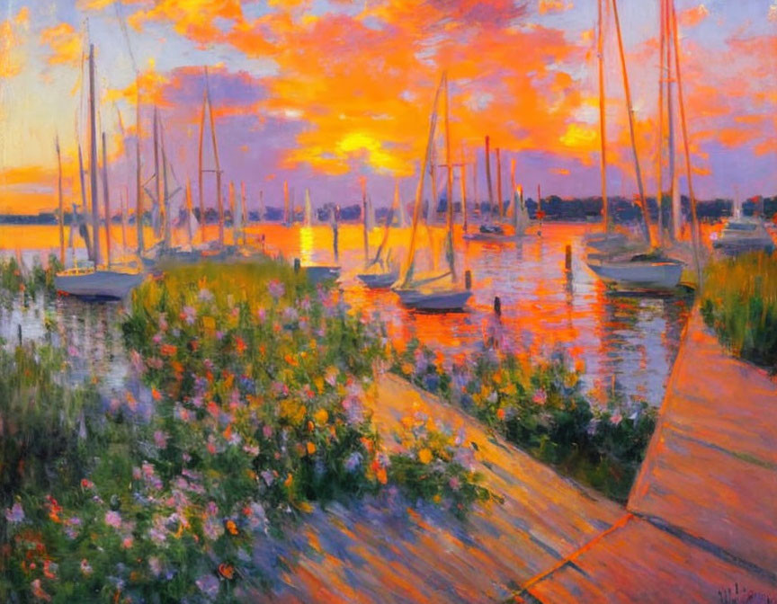Colorful Sunset Sailboats Painting with Wildflowers