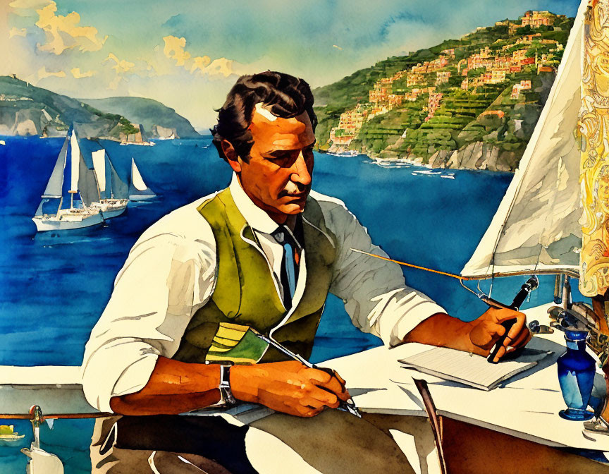 Man writing at table by sea with sailboats and coastal town in background