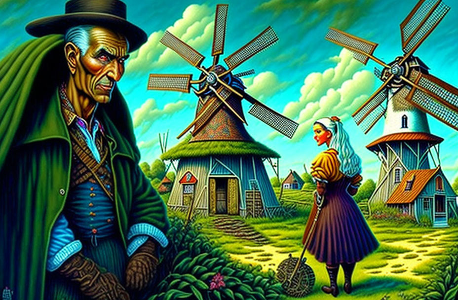 Stylized older man and young woman near windmills under vivid sky