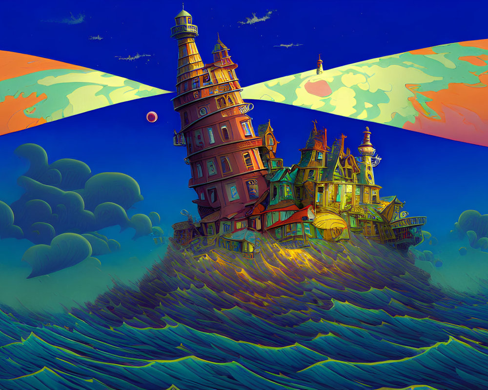 Whimsical illustration of crooked lighthouse building on ocean wave at sunset