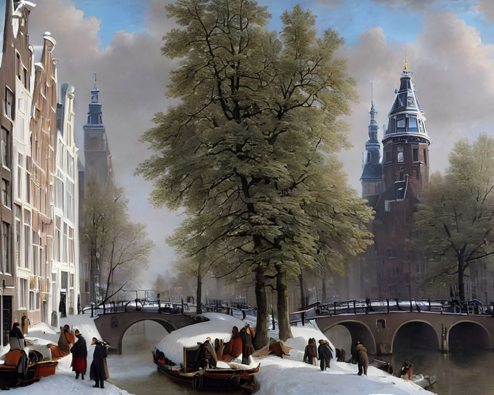 Historical Amsterdam canal scene with boats, pedestrians, and tree-lined banks