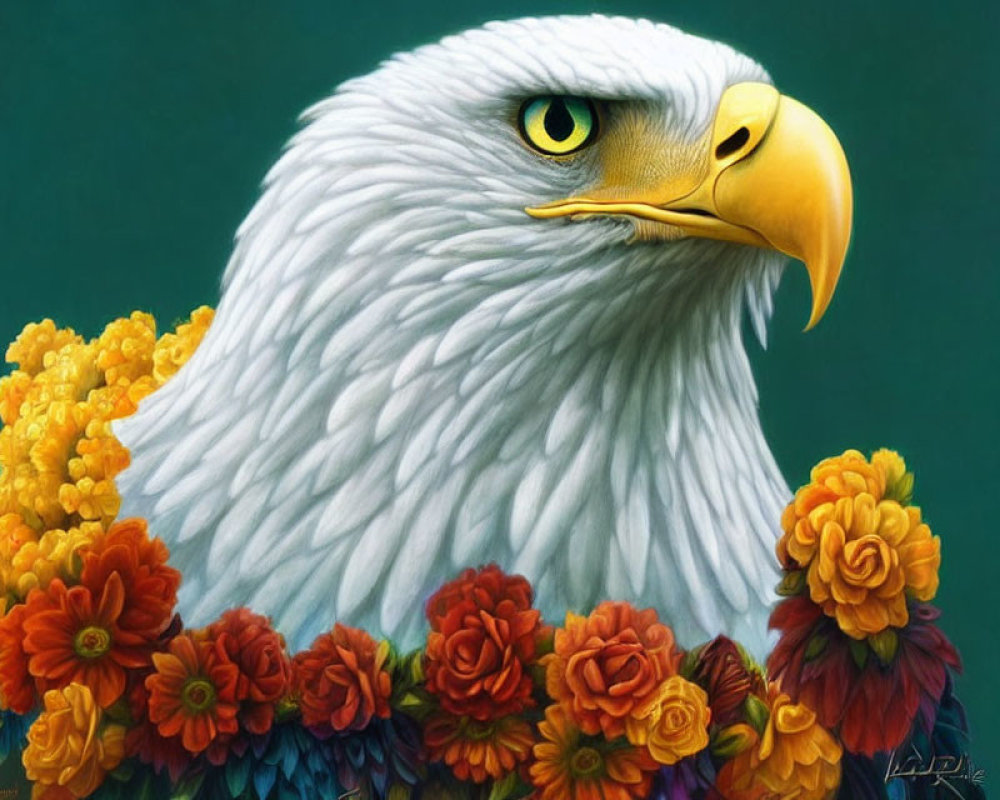Detailed painting: Bald eagle head among colorful flowers on dark green background