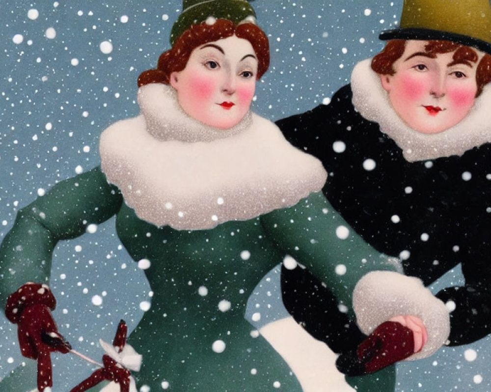 Vintage Style Illustrations of Women Ice Skating in Winter Attire