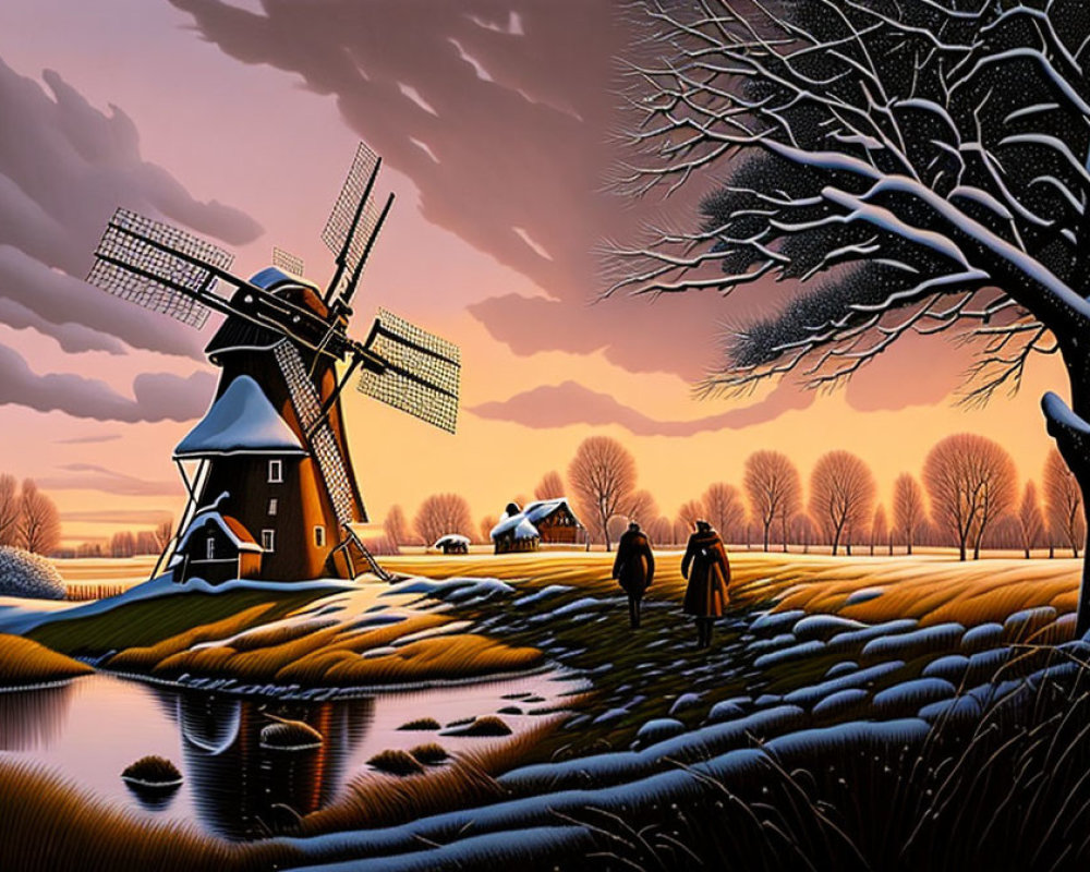 Twilight landscape with windmill, vibrant sky, silhouettes, bare tree