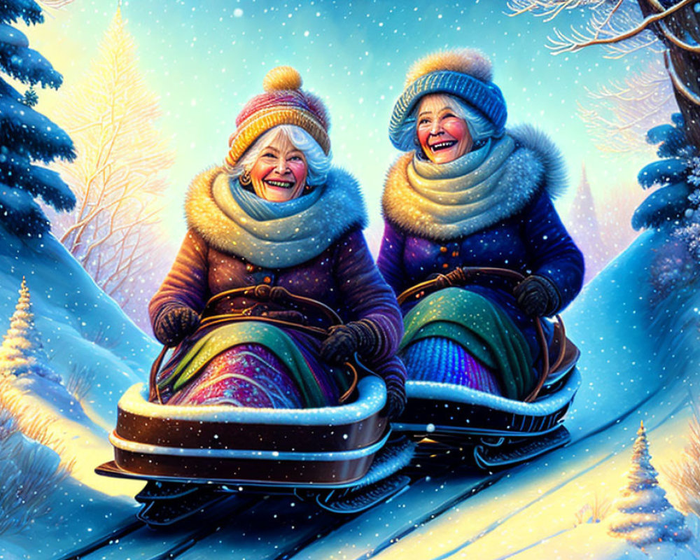 Elderly Women Snow Sledding in Magical Winter Scene