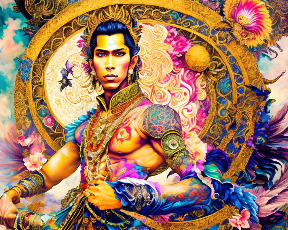 Colorful digital artwork of a tattooed man in gold jewelry and feathers on mandala background