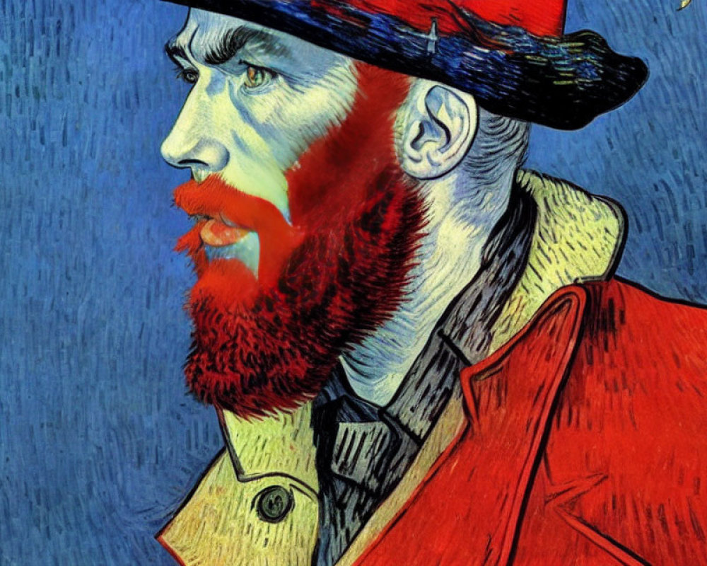 Bearded Man with Red Beard in Hat and Coat - Post-Impressionistic Style