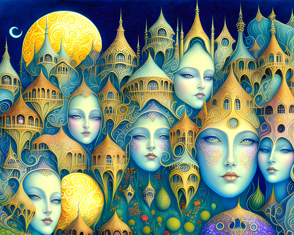 Surreal artwork: ethereal faces, castle architecture, starry night sky