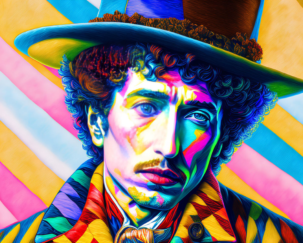Colorful digital artwork of man with curly hair in hat with abstract, psychedelic patterns