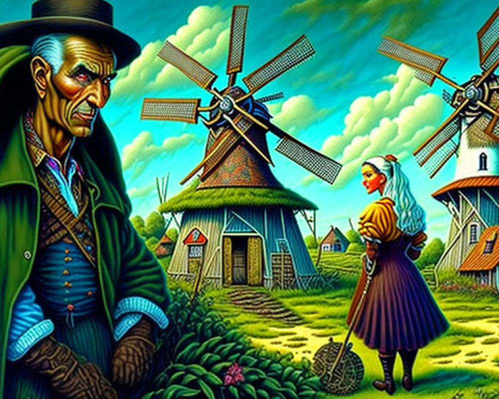 Stylized older man and young woman near windmills under vivid sky