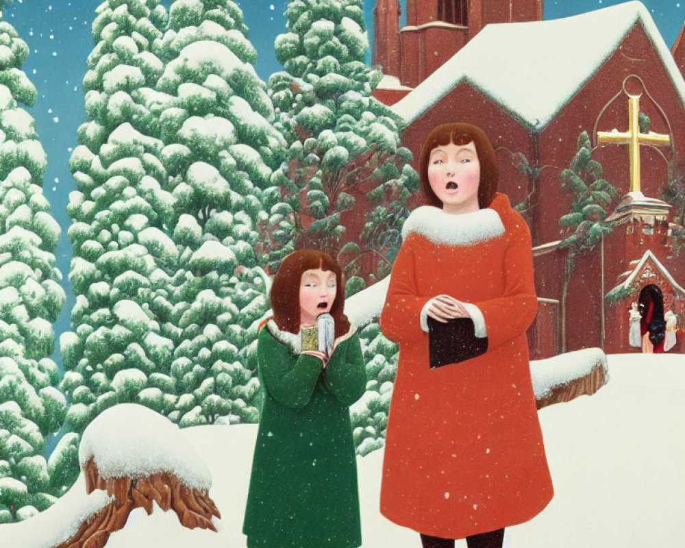 Animated woman and girl singing in snowy scene with books, evergreens, and church
