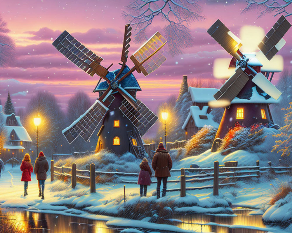 Winter Scene: Frozen Canal, Illuminated Houses, Windmills at Dusk