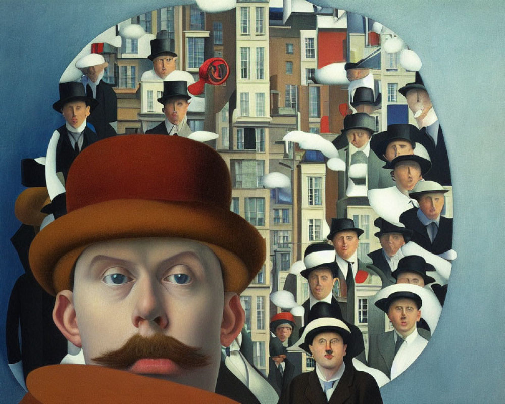 Surrealist painting with oversized face and bowler hats against cityscape