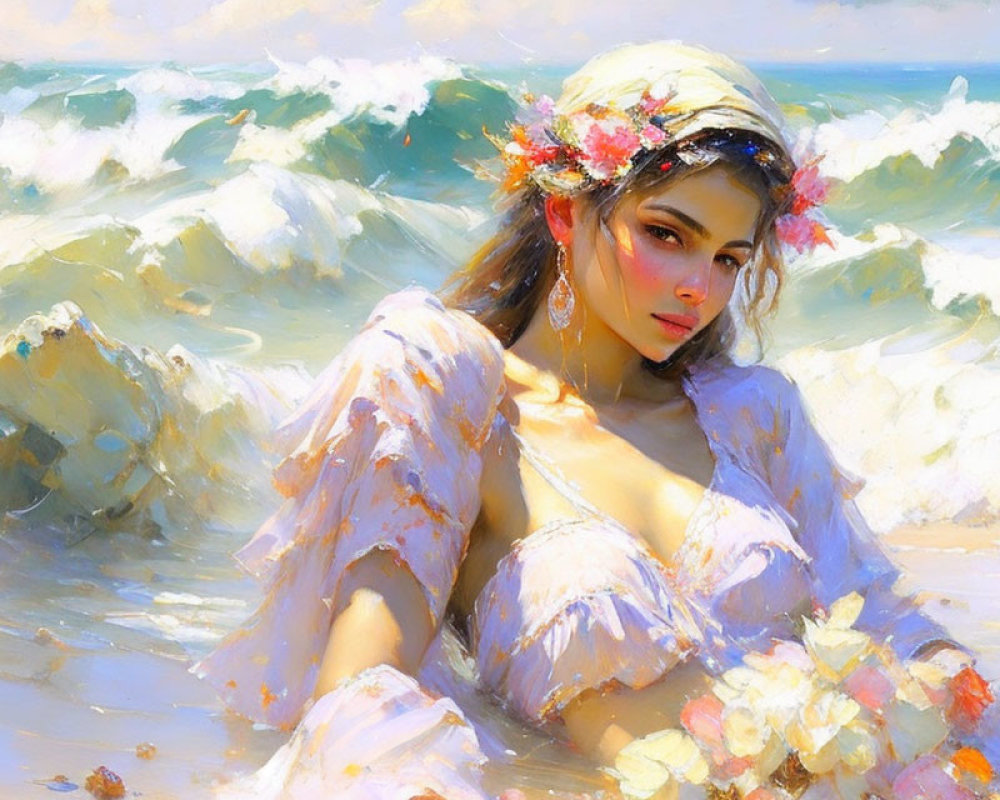 Woman in floral wreath and light dress against vibrant ocean waves