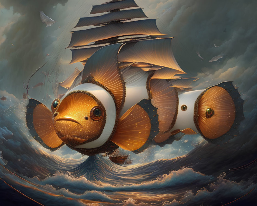 Large Fish with Ship-like Sails in Sky with Birds and Sunset Glow
