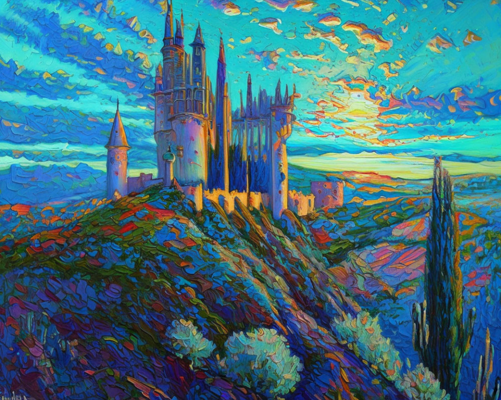 Colorful swirling painting of castle on hill with dynamic sky