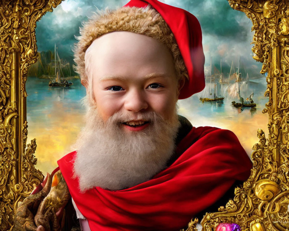 Child with beard and Santa hat in ornate frame with ship painting