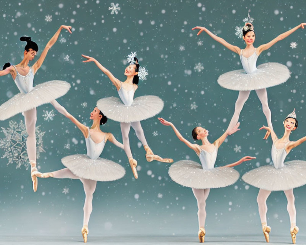 Five ballerinas in white tutus dancing in snowy scenery