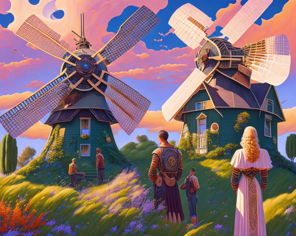 Fantastical landscape with windmills, solar panels, and people in historical clothing