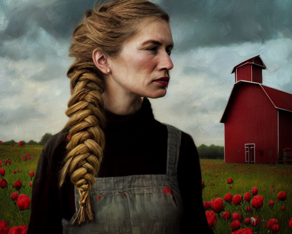 Woman with long braid in red flower field with barn and stormy sky
