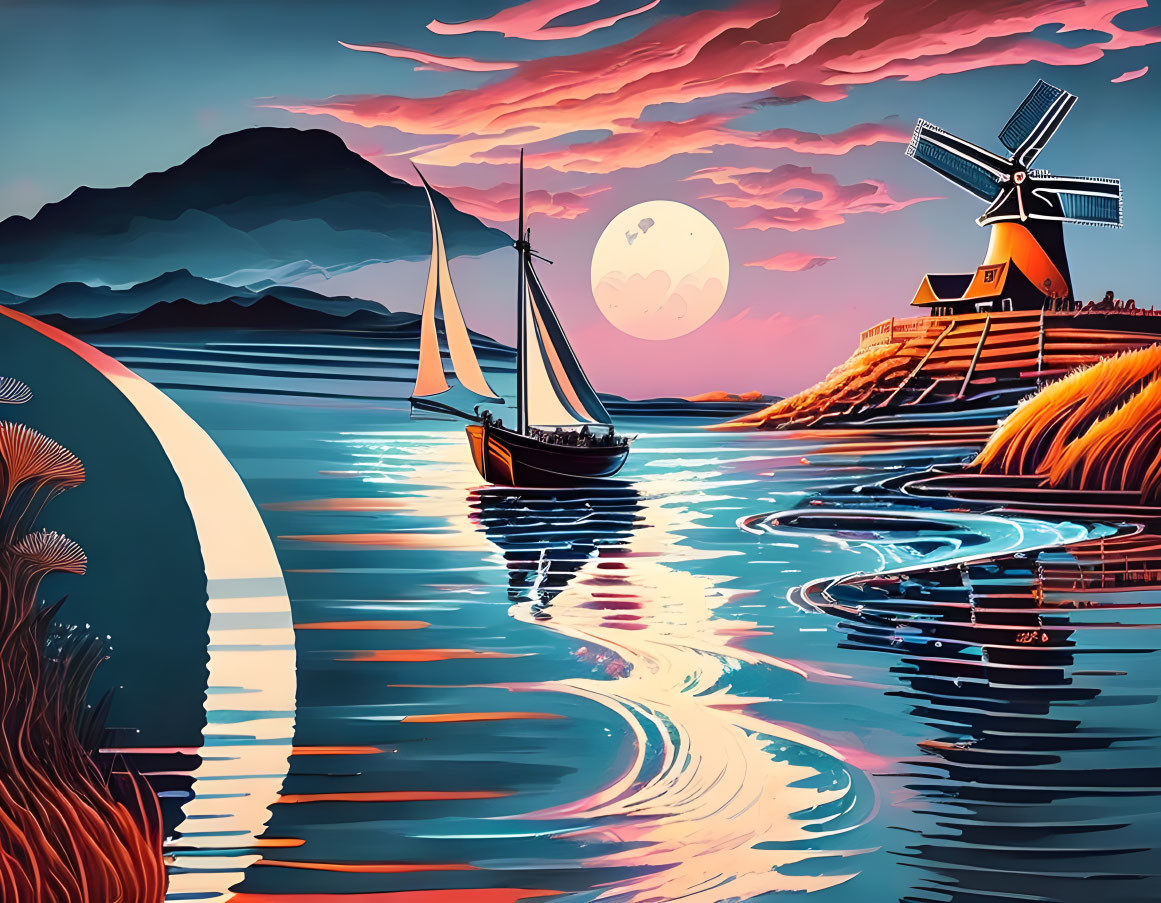 Sailboat and Windmill Digital Artwork: Moonlit Waterscape