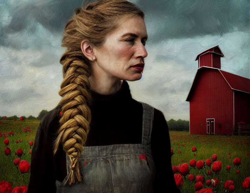 Woman with long braid in red flower field with barn and stormy sky