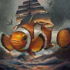 Large Fish with Ship-like Sails in Sky with Birds and Sunset Glow